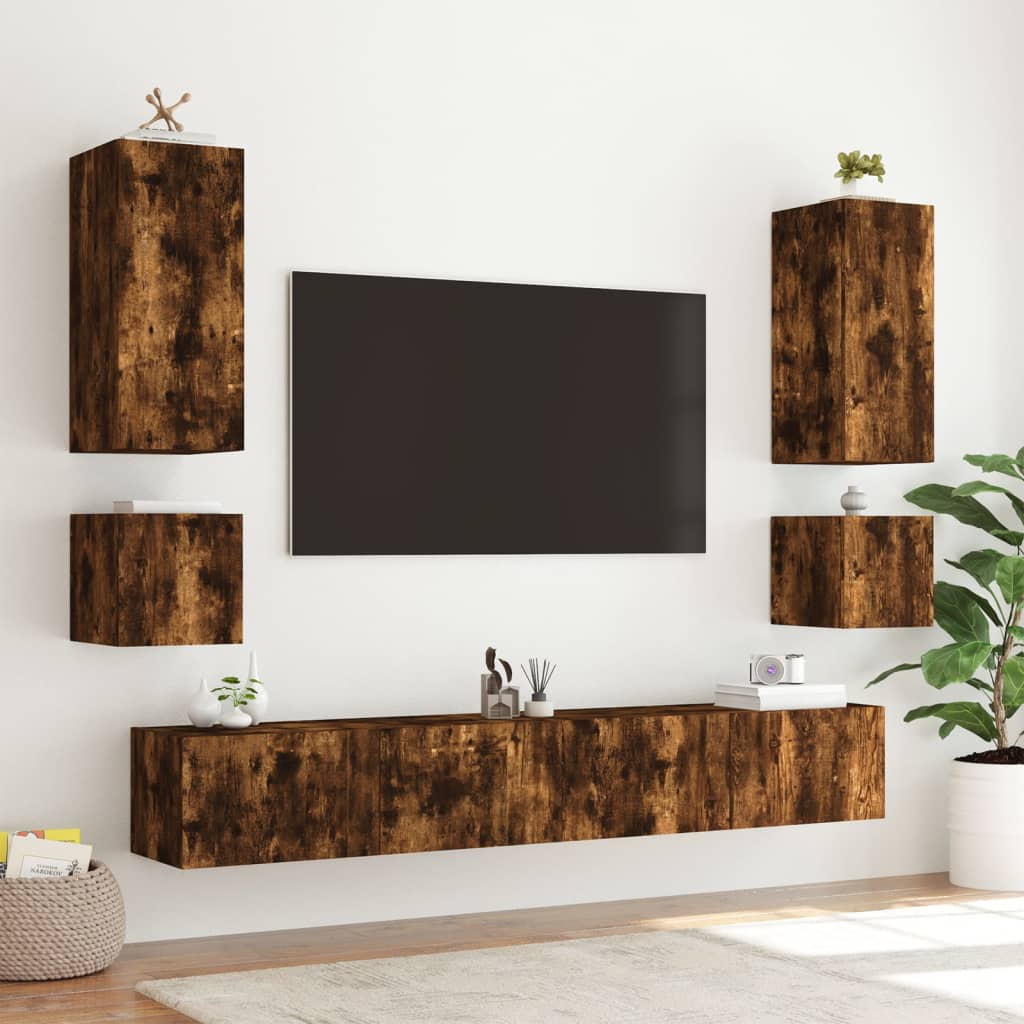 vidaXL Vegghengte TV-benker med LED-lys 2 stk røkt eik 40,5x35x40 cm