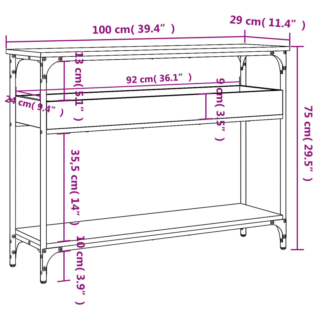 vidaXL Konsollbord med hylle brun eik 100x29x75 cm konstruert tre