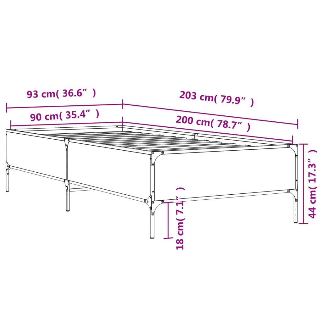 vidaXL Sengeramme røkt eik 90x200 cm konstruert tre og metall