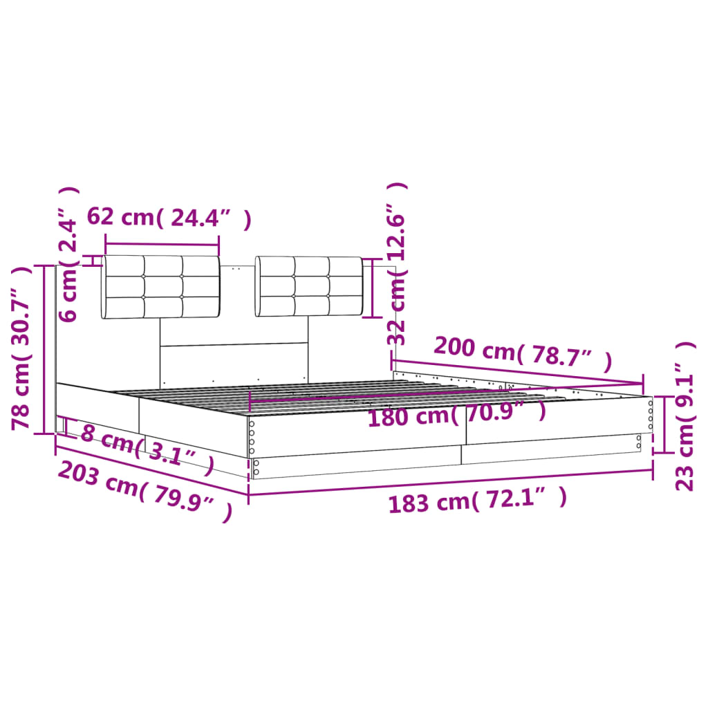 vidaXL Sengeramme med hodegavl grå sonoma 180x200 cm konstruert tre