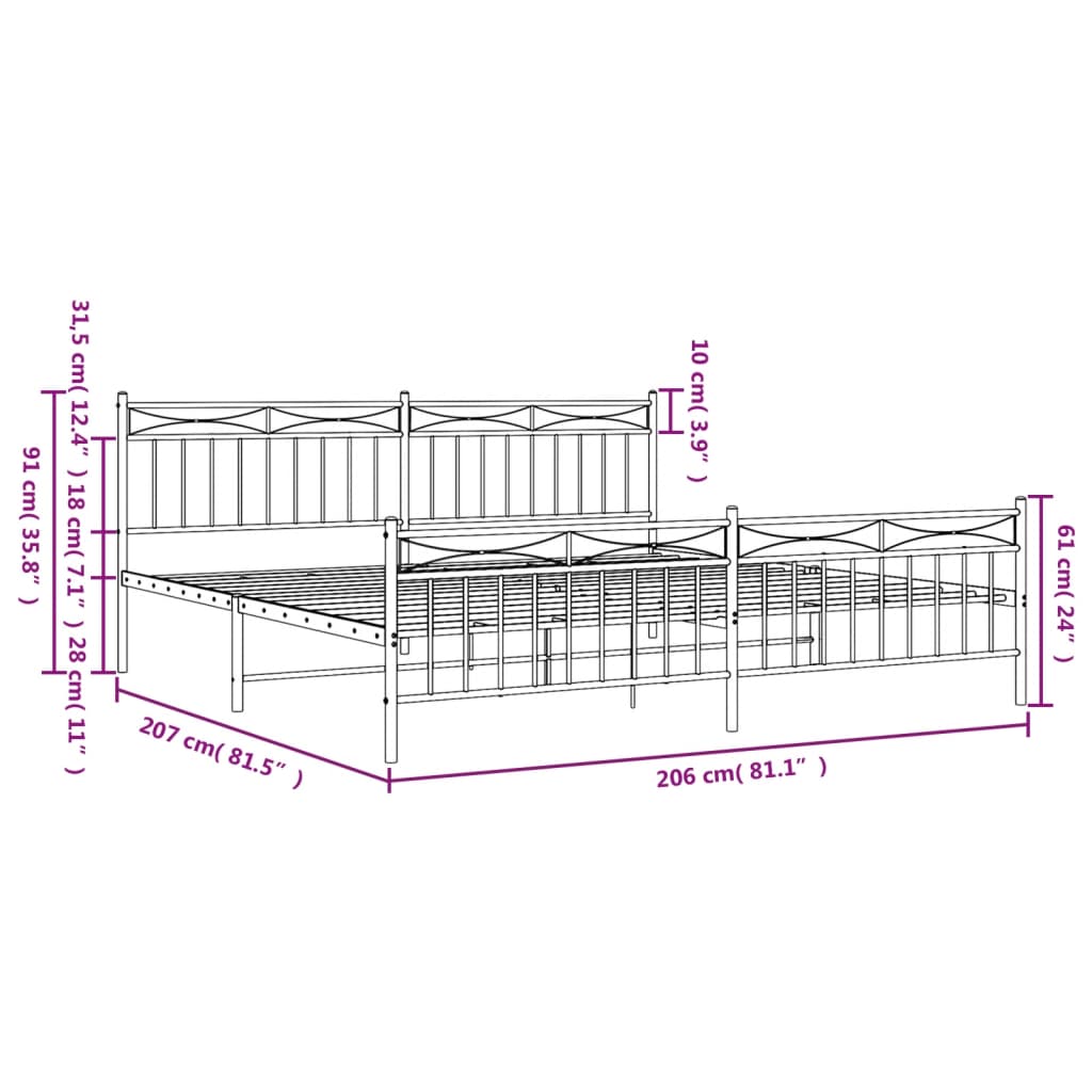 vidaXL Sengeramme i metall med hode- og fotgavl svart 200x200 cm