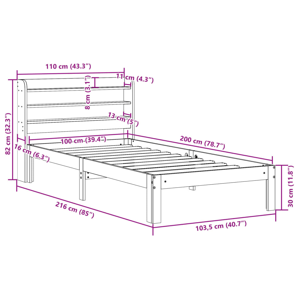 vidaXL Sengeramme med hodegavl hvit 100x200 cm heltre furu