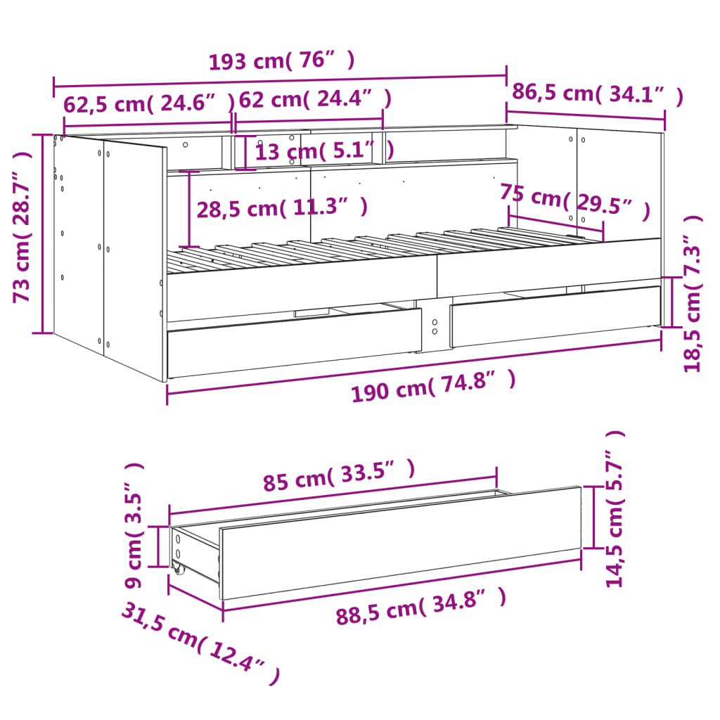 vidaXL Dagseng med skuffer uten Madrass svart 75x190 cm