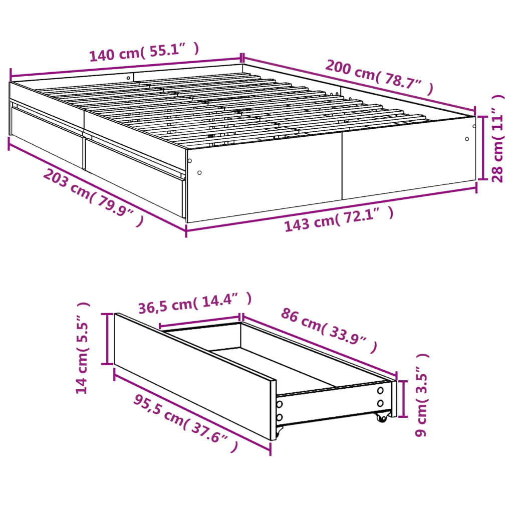 vidaXL Sengeramme med skuffer sonoma eik 140x200 cm konstruert tre