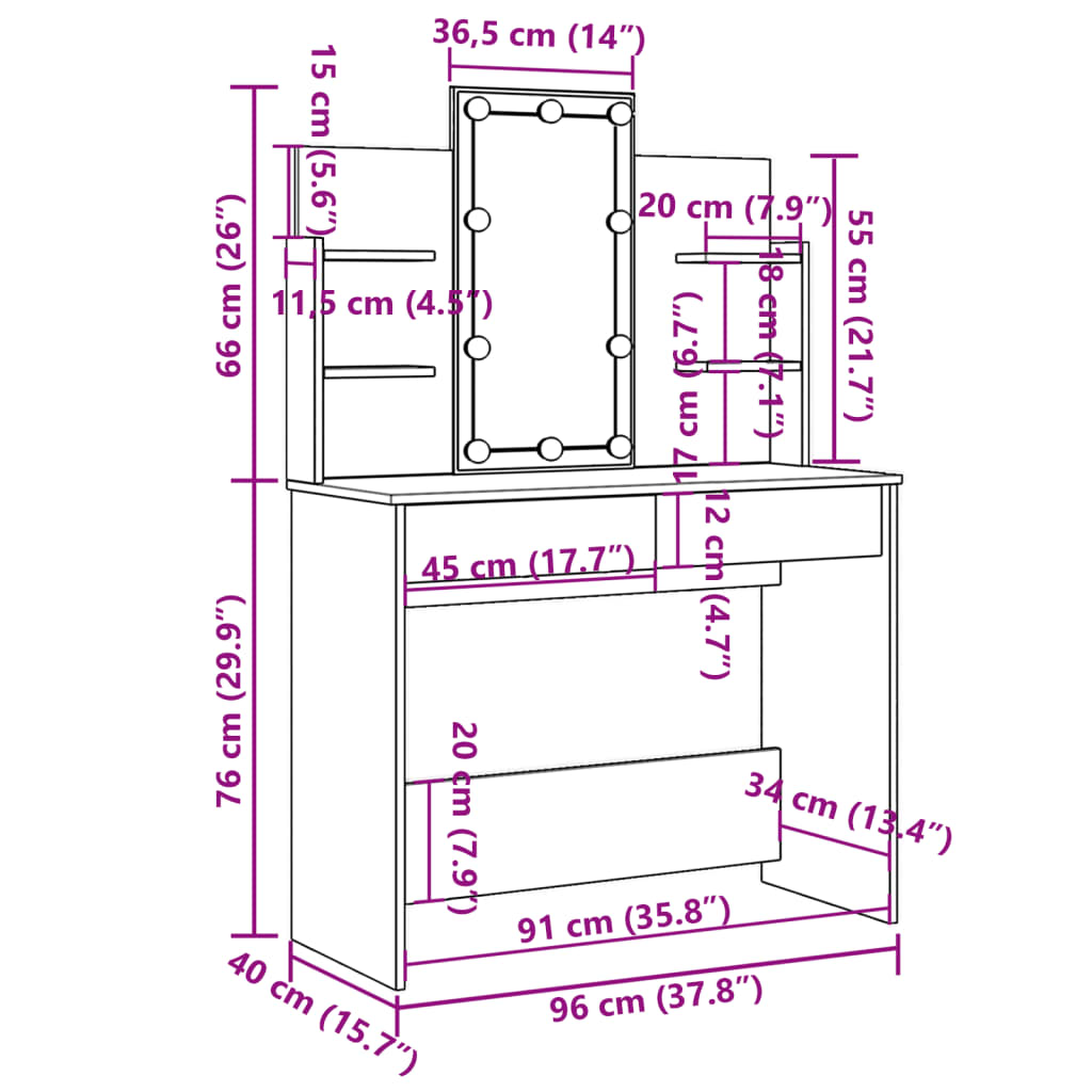 vidaXL Sminkebord med LED hvit 96x40x142 cm