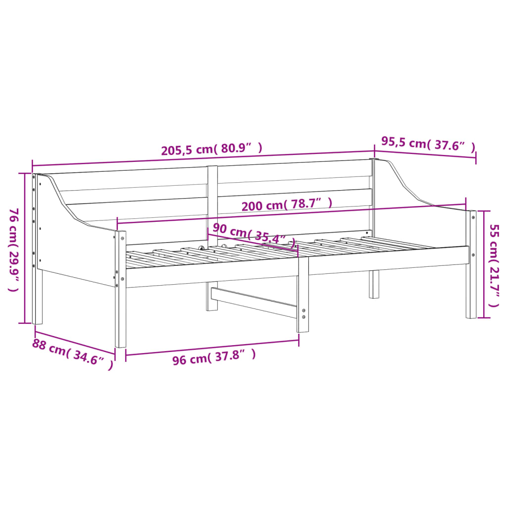 vidaXL Dagseng uten madrass hvit 90x200 cm heltre furu