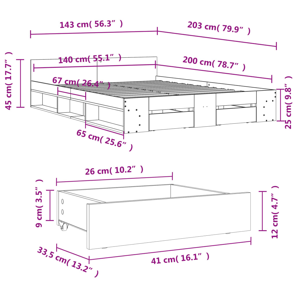 vidaXL Sengeramme med skuffer røkt eik 140x200 cm konstruert tre