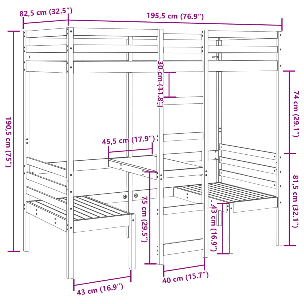 vidaXL Ramme for loftseng skrivebord og stoler 75x190 cm heltre furu