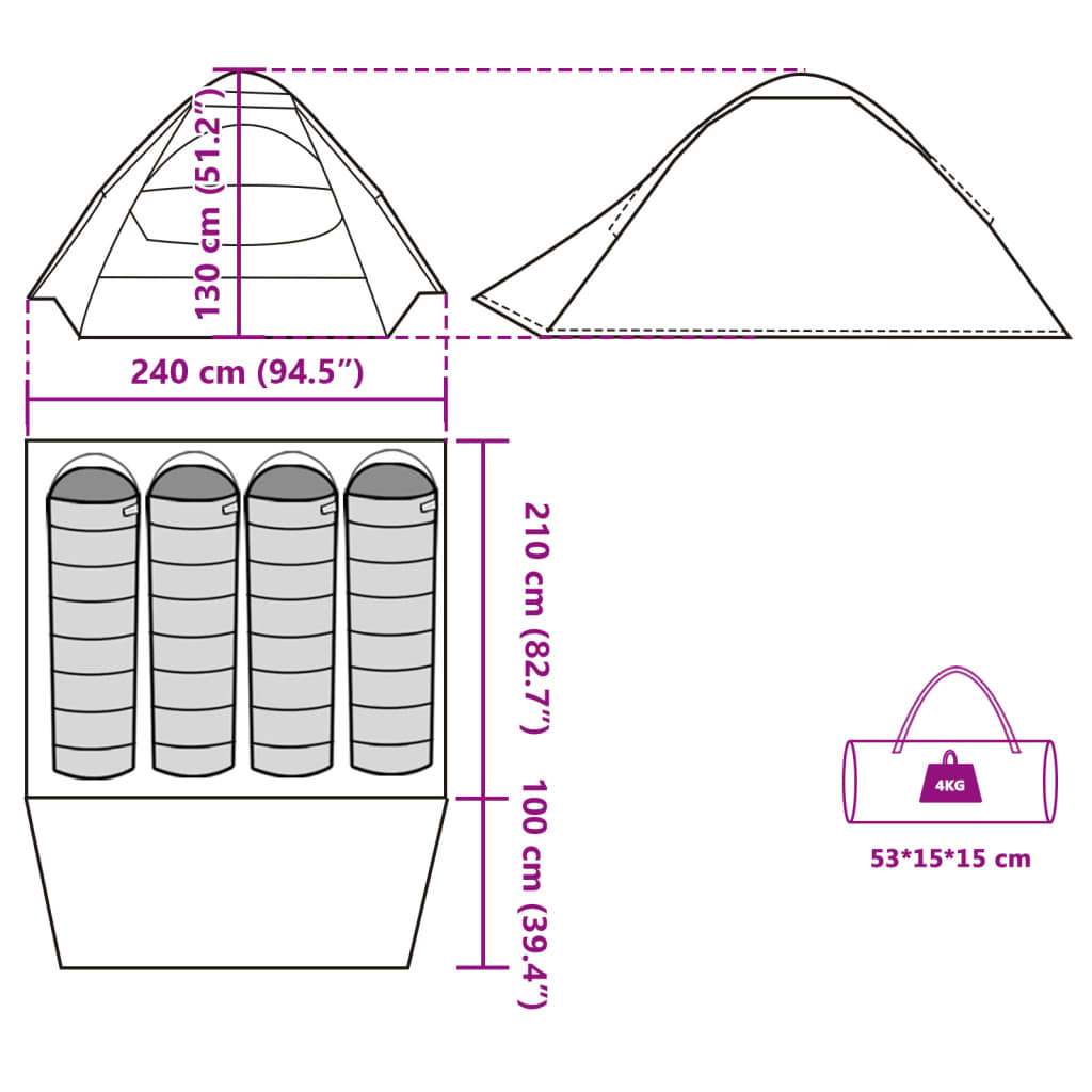 vidaXL Kuppeltelt for camping 4 personer hvit blendingsstoff vanntett