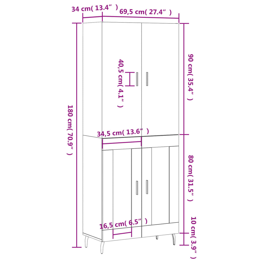 vidaXL Highboard brun eik 69,5x34x180 cm konstruert tre