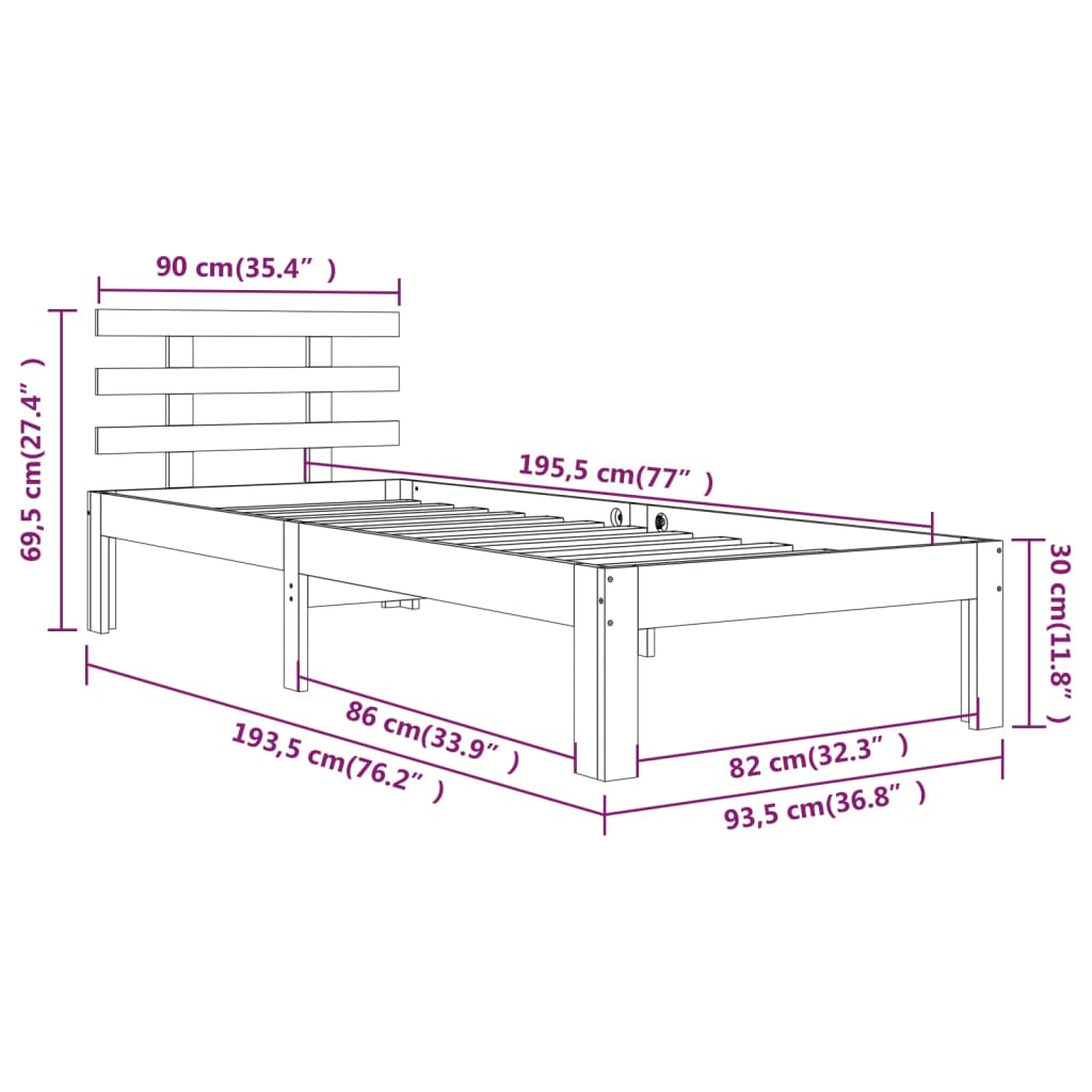 vidaXL Sengeramme svart heltre 90x190 cm Single