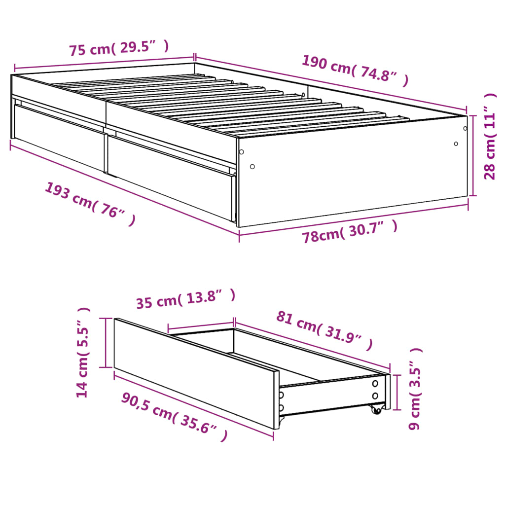 vidaXL Sengeramme med skuffer sonoma eik 75x190 cm konstruert tre