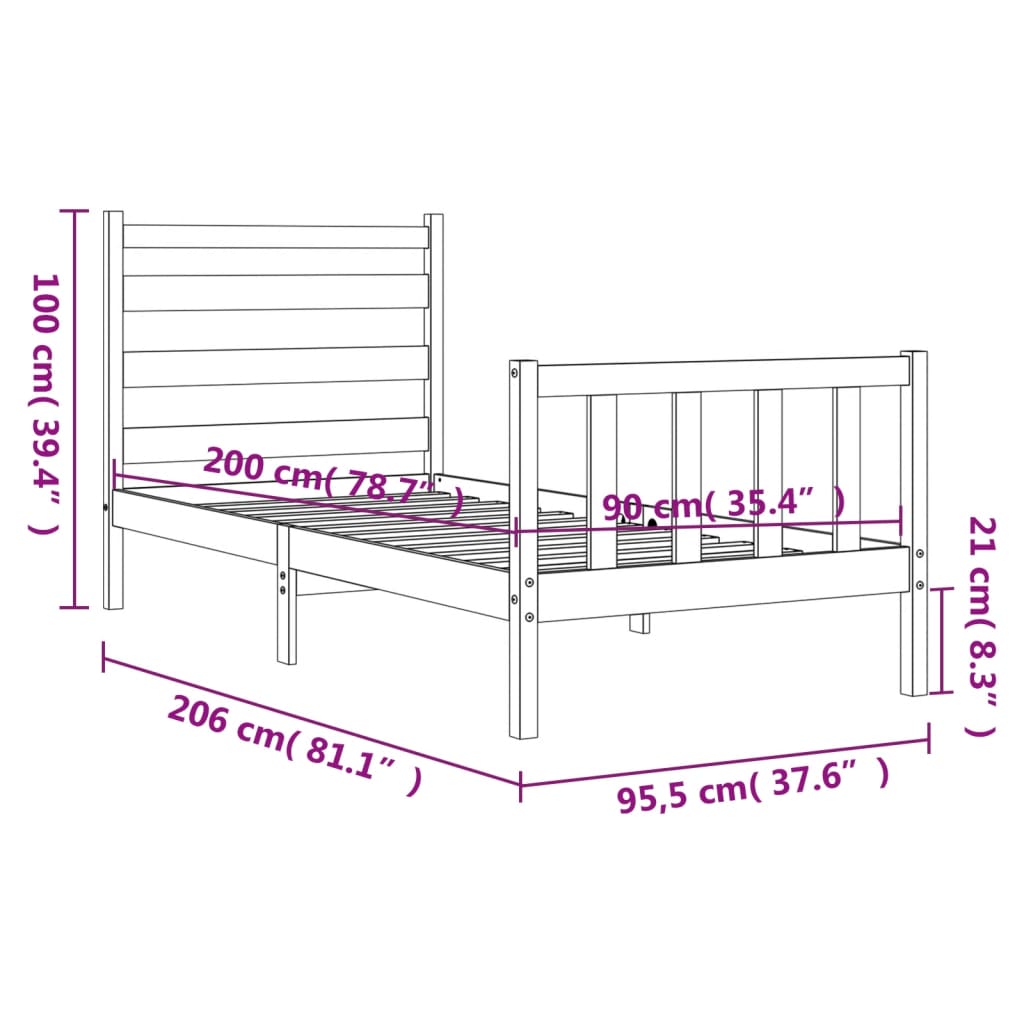 vidaXL Sengeramme med hodegavl hvit 90x200 cm heltre