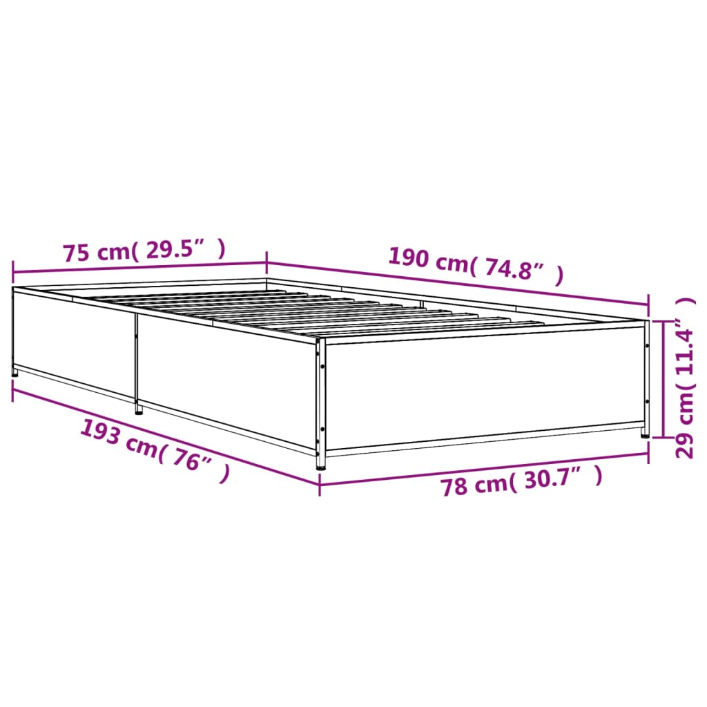 vidaXL Sengeramme røkt eik 75x190 cm konstruert tre og metall