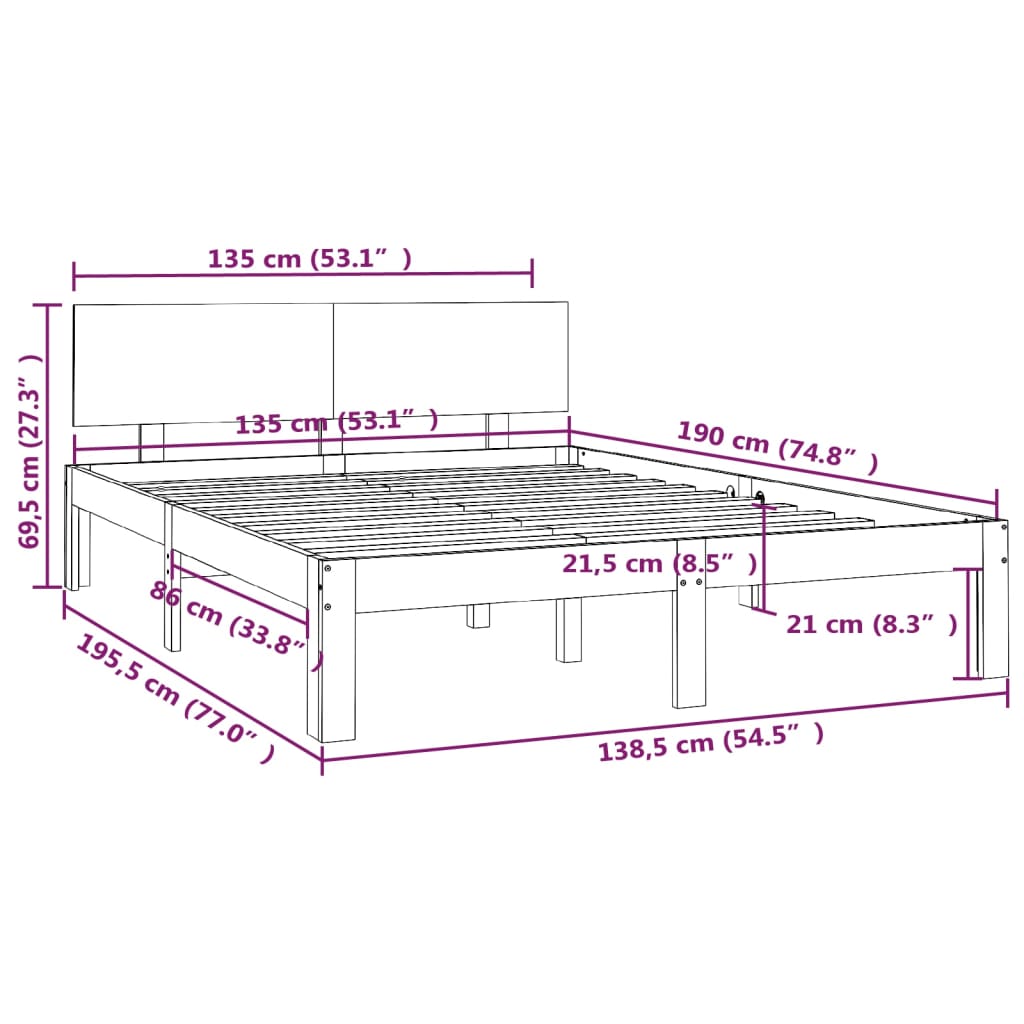 vidaXL Sengeramme hvit heltre 135x190 cm Double