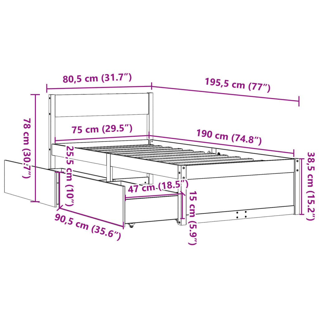 vidaXL Sengeramme uten madrass 75x190 cm heltre furu