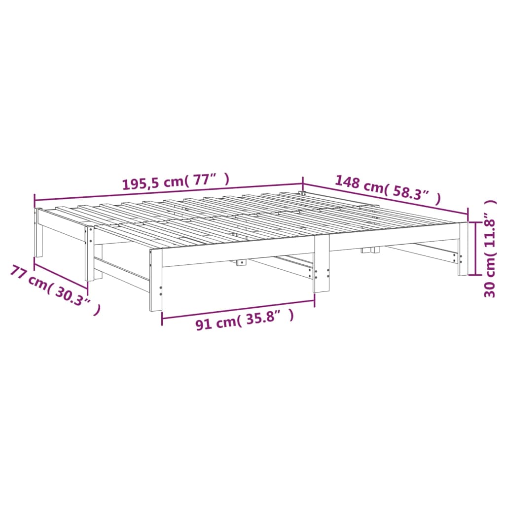 vidaXL Uttrekkbar dagseng svart 2x(75x190) cm heltre furu