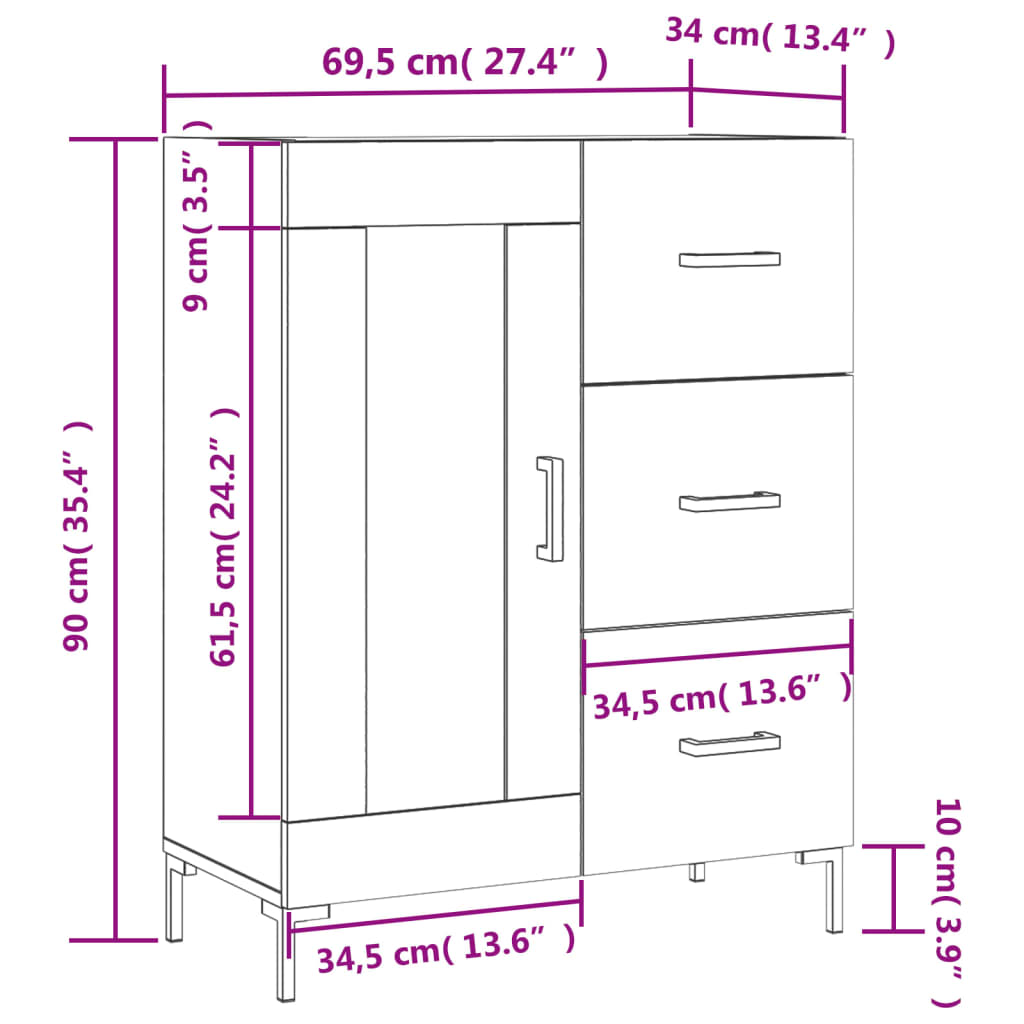 vidaXL Skjenk hvit 69,5x34x90 cm konstruert tre