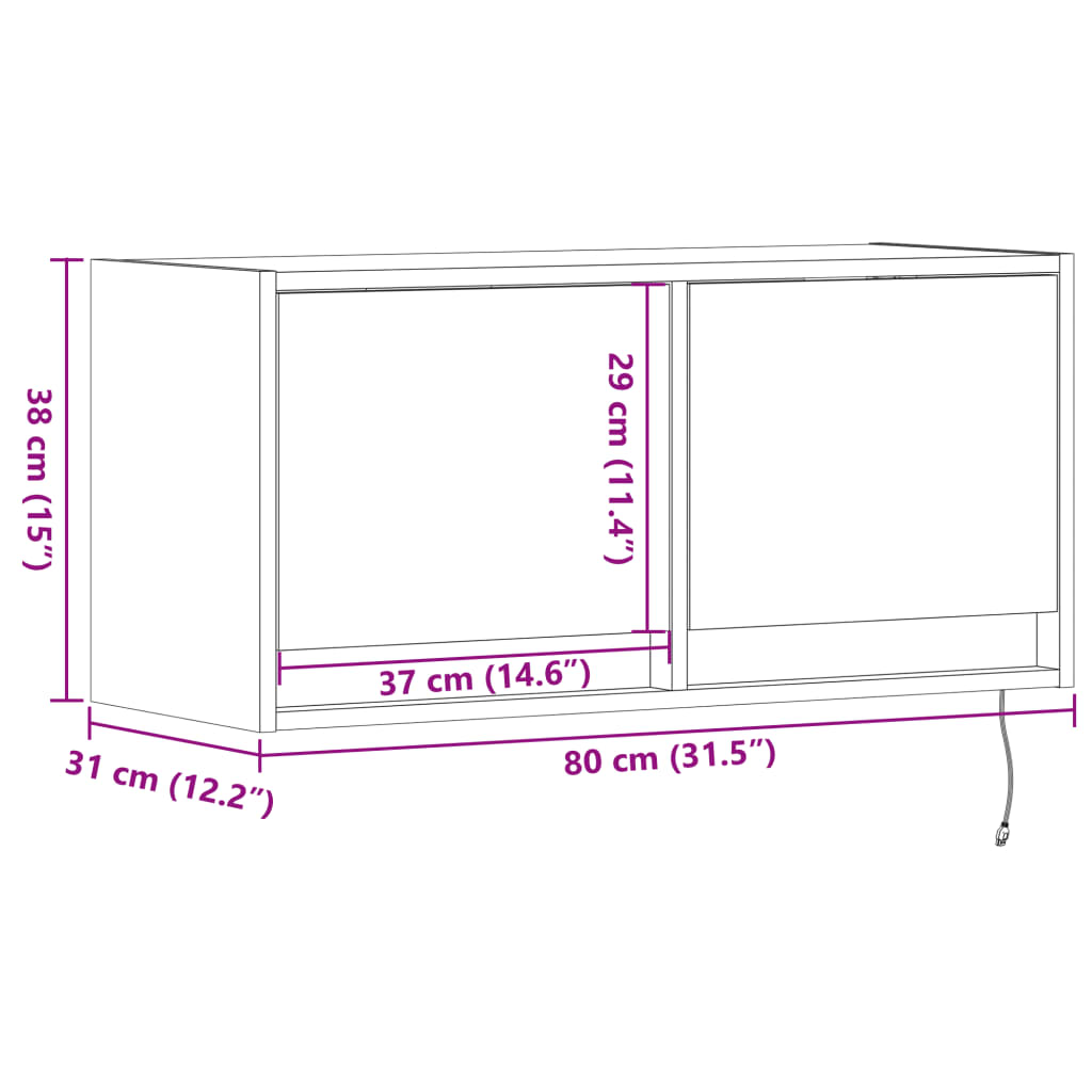 vidaXL Vegghengt TV-benk med LED brun eik 80x31x35 cm