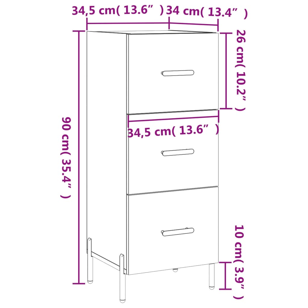 vidaXL Skjenk hvit 34,5x34x90 cm konstruert tre