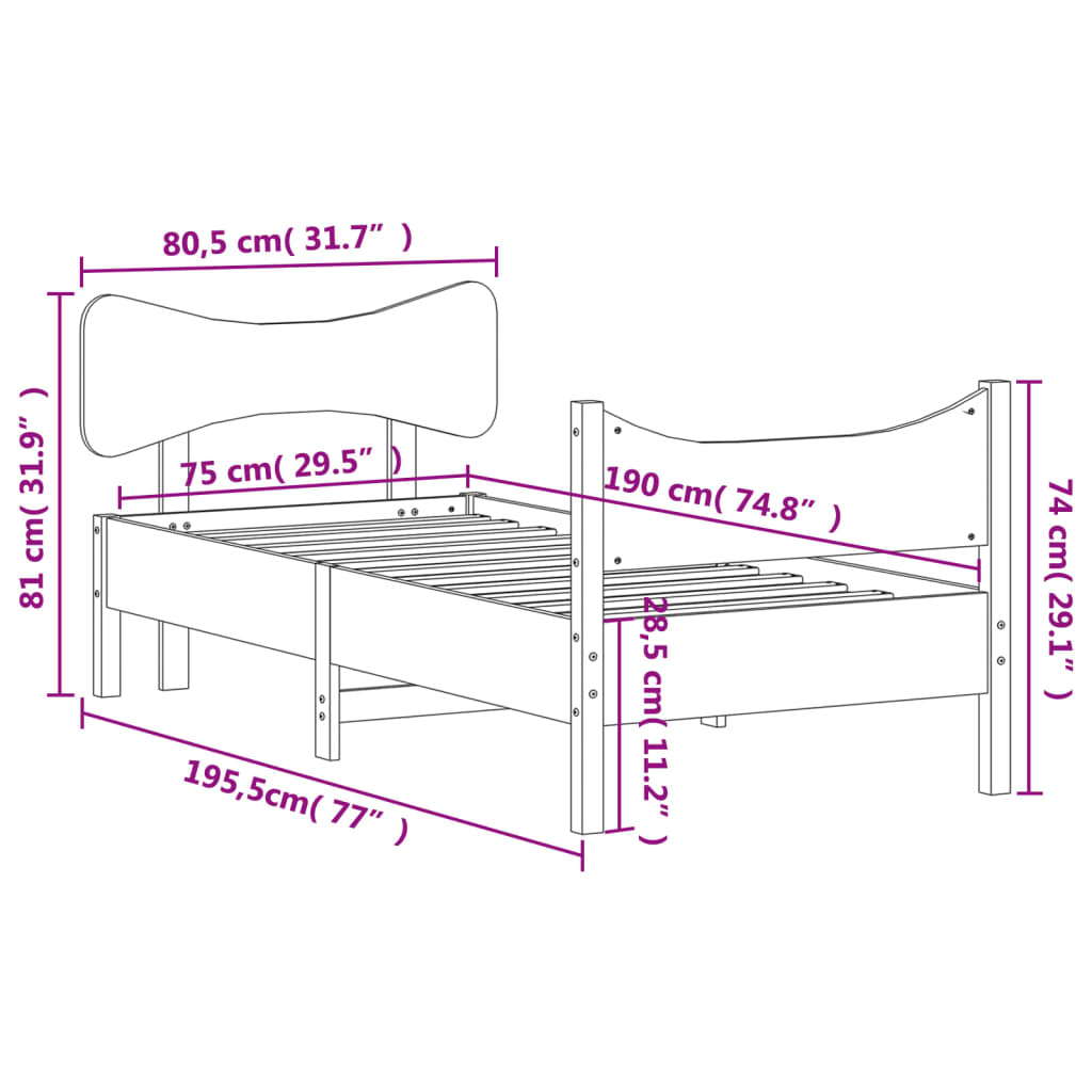 vidaXL Sengeramme uten madrass voksbrun 75x190 cm heltre furu