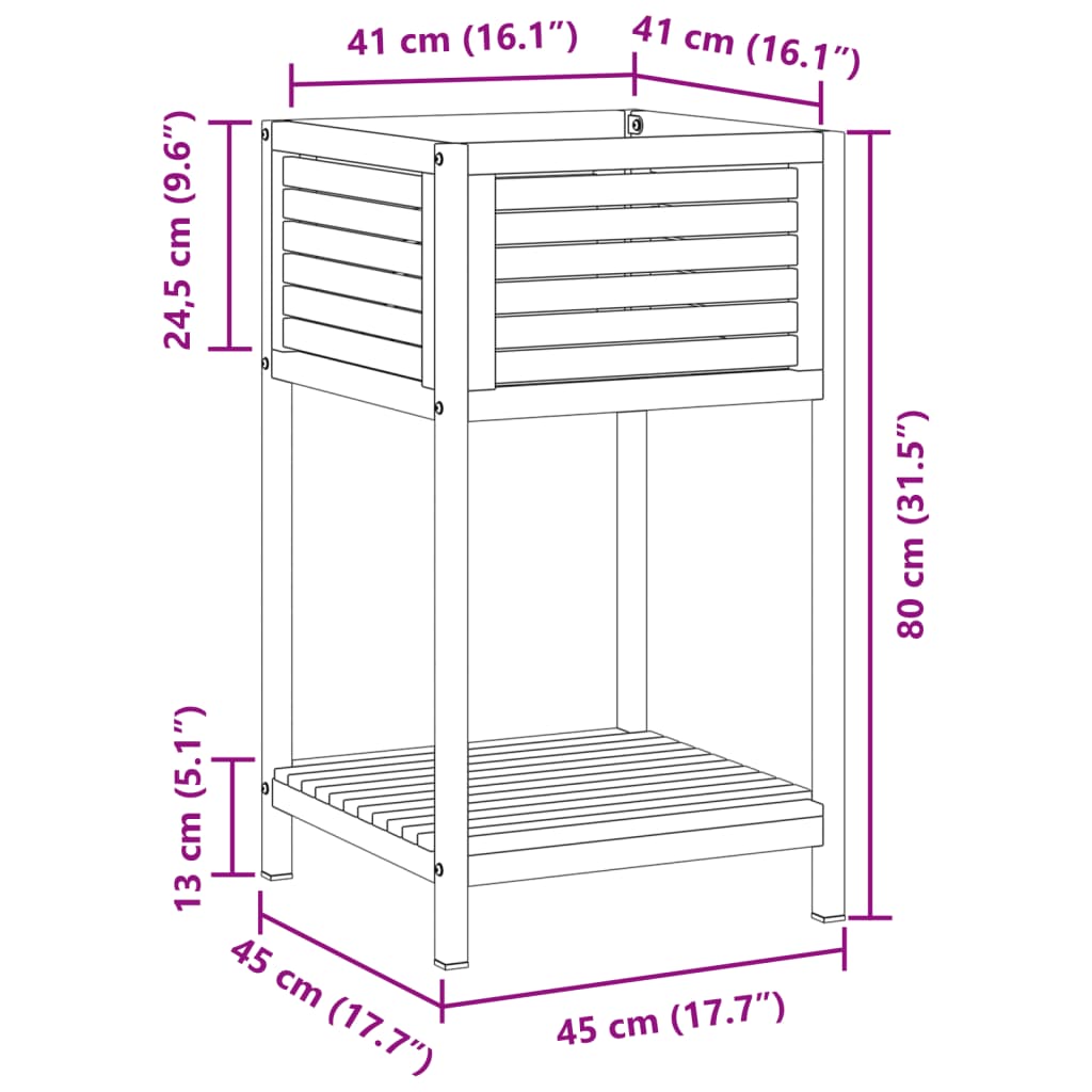 vidaXL Plantekasse med hylle 45x45x80 cm heltre akasie og stål