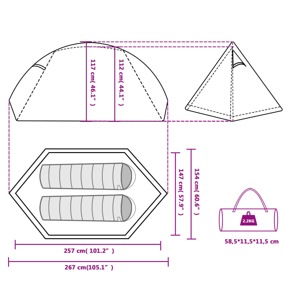 vidaXL Kuppeltelt for camping 2 personer hvit blendingsstoff vanntett