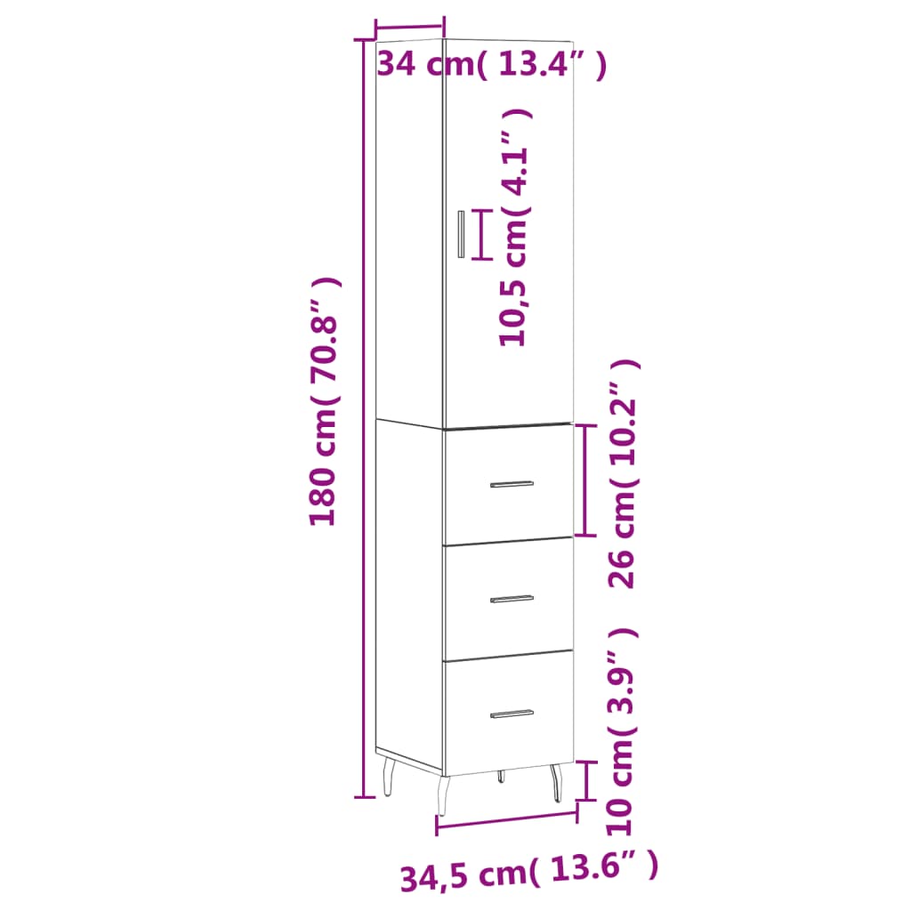 vidaXL Highboard brun eik 34,5x34x180 cm konstruert tre