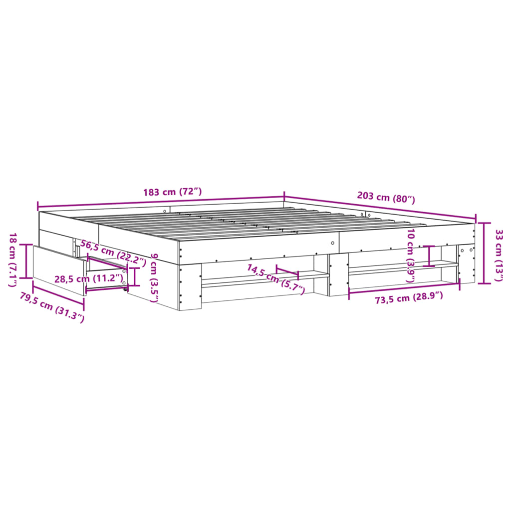 vidaXL Sengeramme betonggrå 180x200 cm konstruert tre