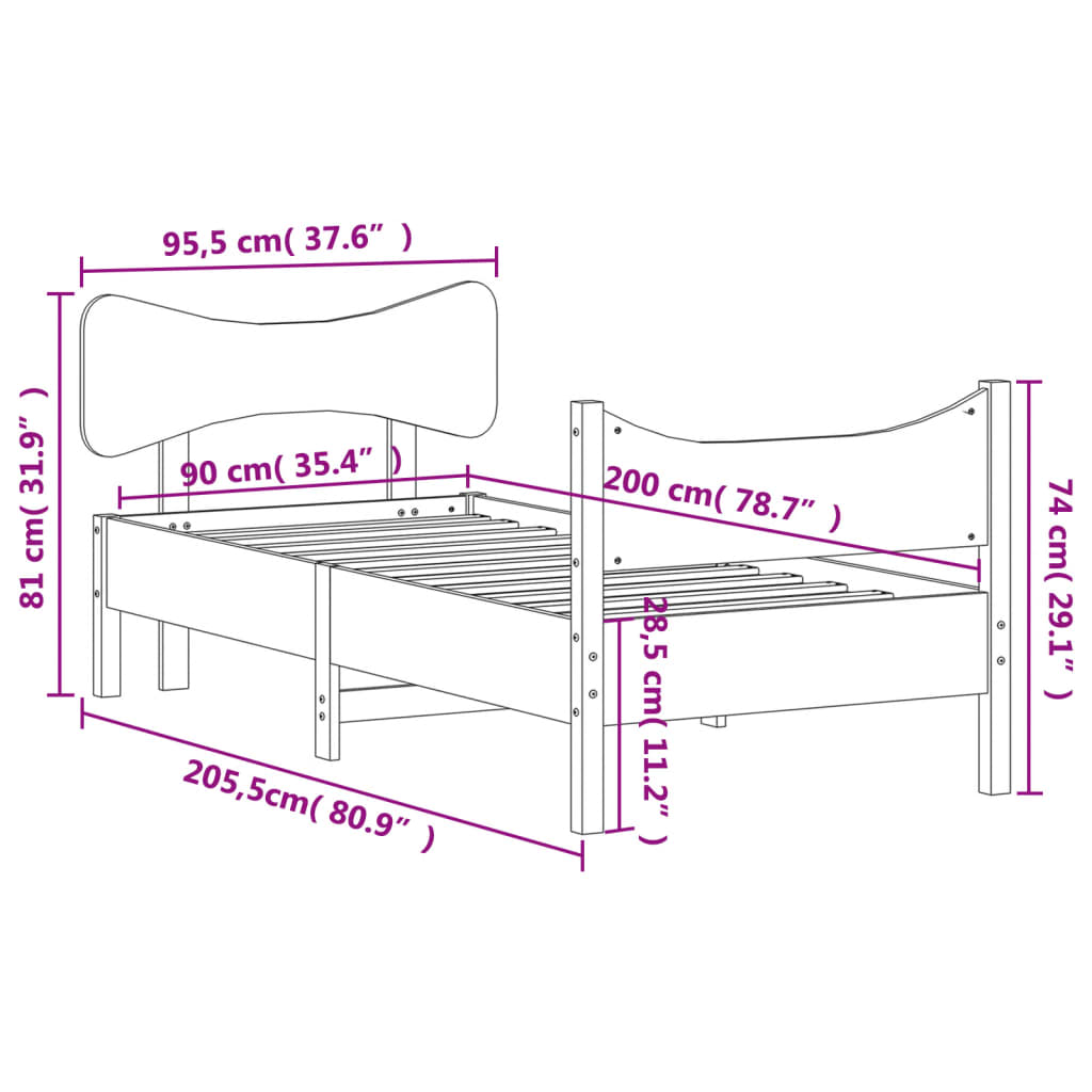 vidaXL Sengeramme uten madrass hvit 90x200 cm heltre furu