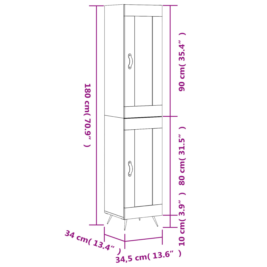 vidaXL Highboard grå sonoma 34,5x34x180 cm konstruert tre