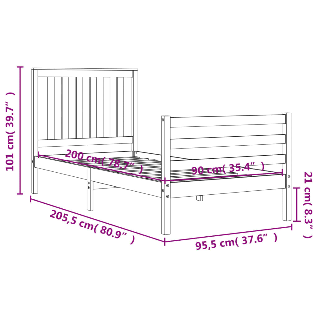 vidaXL Sengeramme med hodegavl hvit 90x200 cm heltre