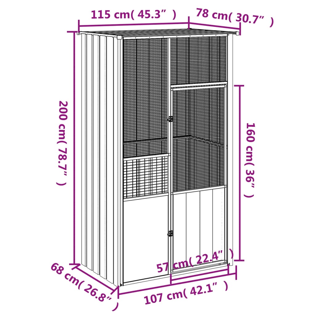 vidaXL Fuglebur antrasitt 115x78x200 cm galvanisert stål