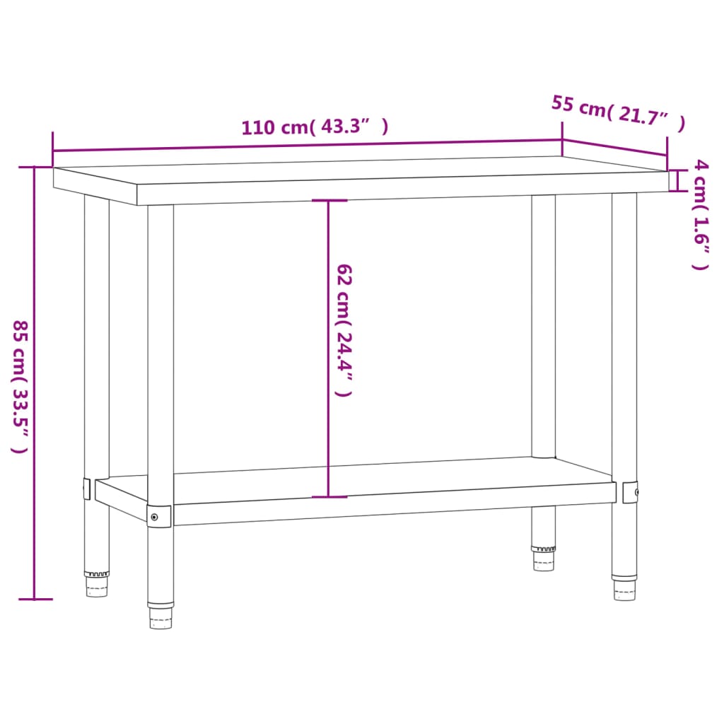 vidaXL Matlagingsbord for kjøkken 110x55x85 cm rustfritt stål