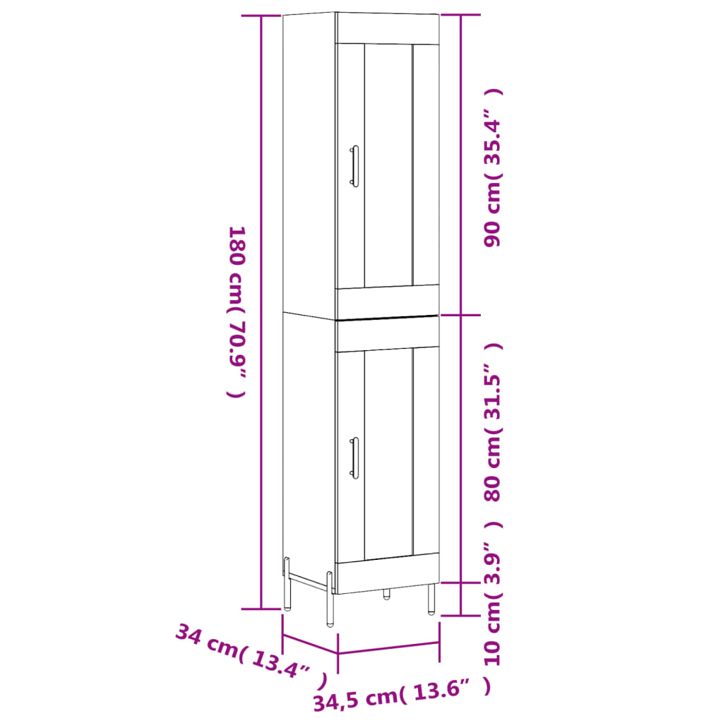 vidaXL Highboard høyglans hvit 34,5x34x180 cm konstruert tre