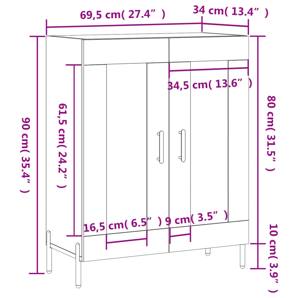 vidaXL Skjenk høyglans hvit 69,5x34x90 cm konstruert tre