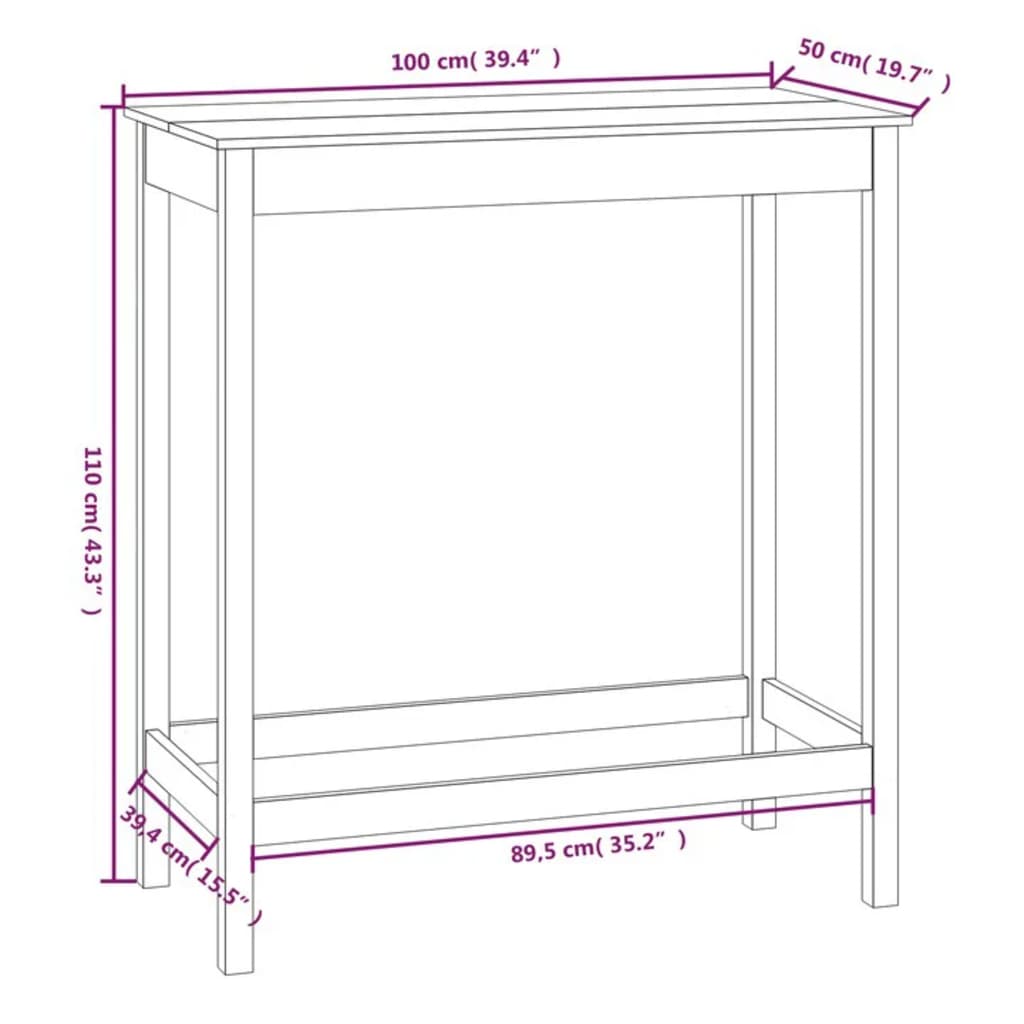 vidaXL Barbord 100x50x110 cm heltre furu