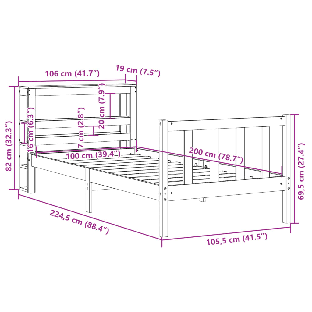 vidaXL Sengeramme med hodegavl voksbrun 100x200 cm heltre furu