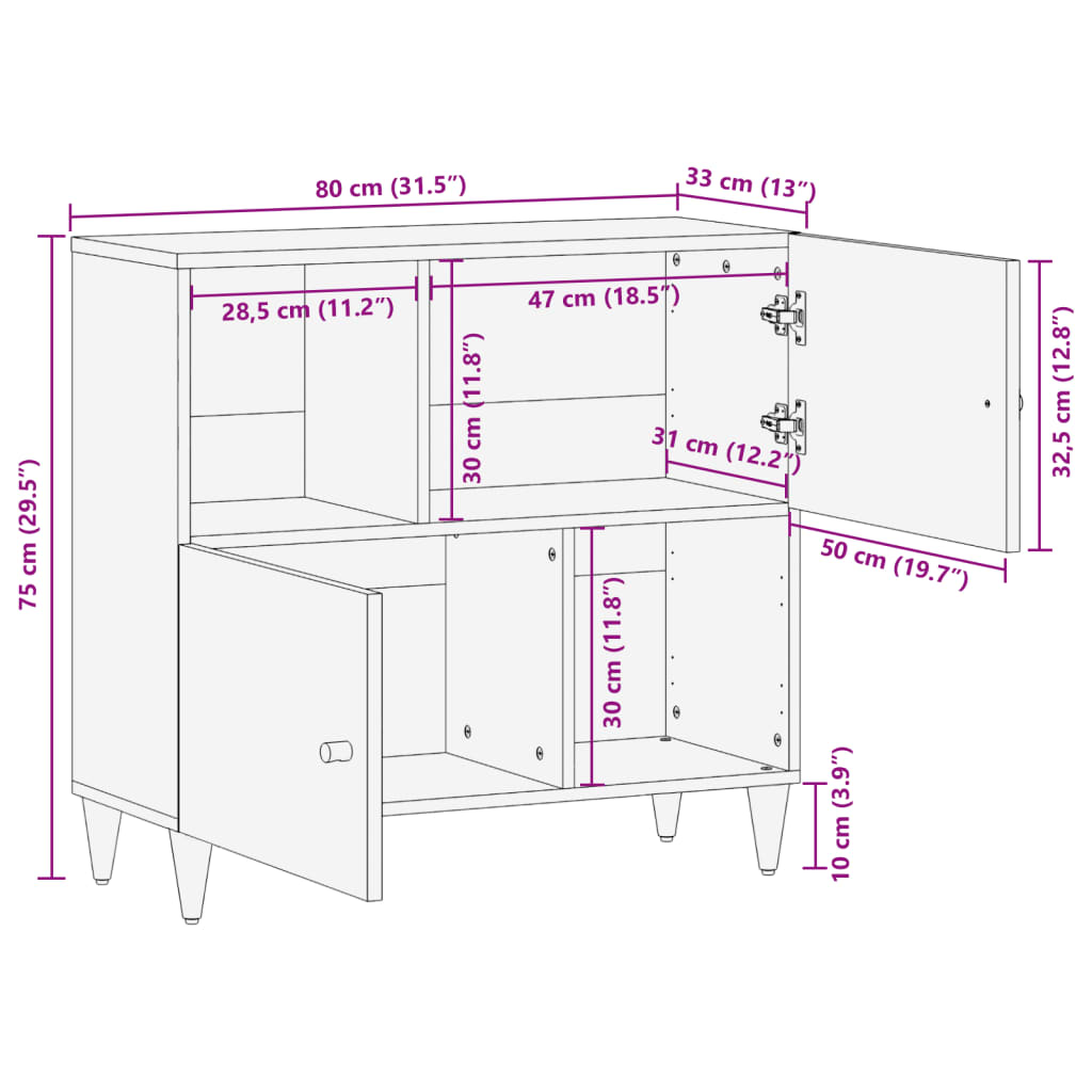 vidaXL Sideskap 80x33x75 cm heltre mango