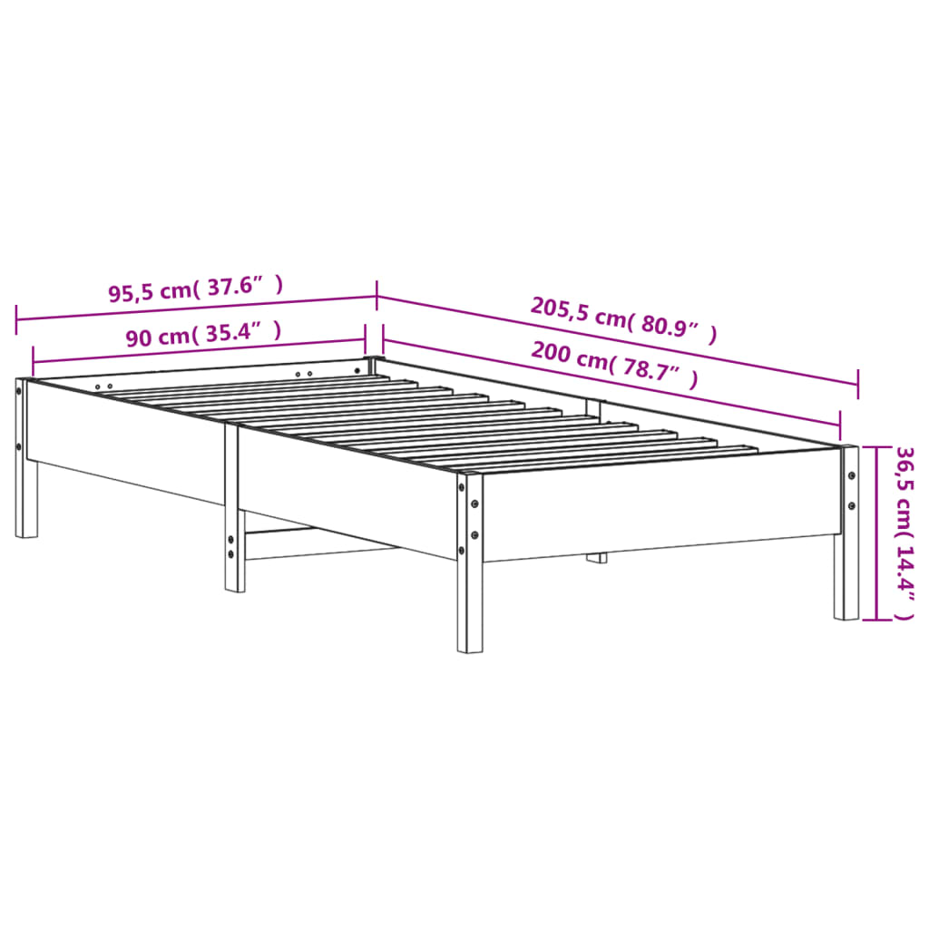 vidaXL Sengeramme uten madrass hvit 90x200 cm heltre furu