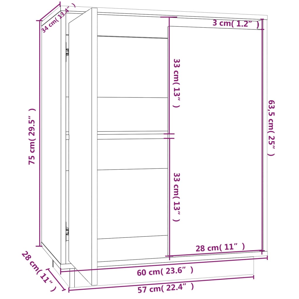 vidaXL Skjenk honningbrun 60x34x75 cm heltre furu