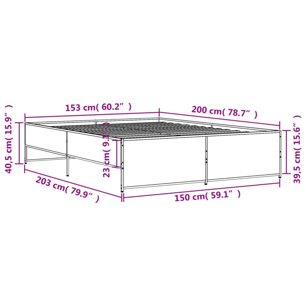 vidaXL Sengeramme røkt eik 150x200 cm konstruert tre og metall