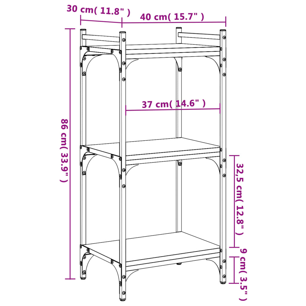 vidaXL Bokhylle 3 etasjer røkt eik 40x30x86 cm konstruert tre