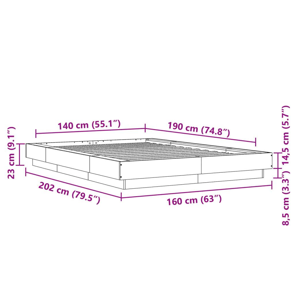 vidaXL Sengeramme med LED-lys brun eik 140x190 cm konstruert tre