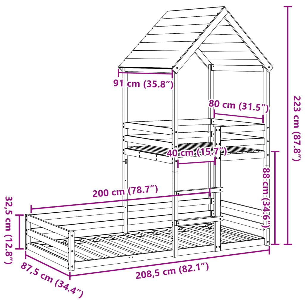 vidaXL Køyeseng med tak hvit 80x200 cm heltre furu