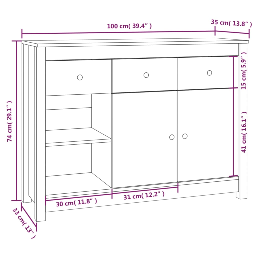 vidaXL Skjenk 100x35x74 cm heltre furu