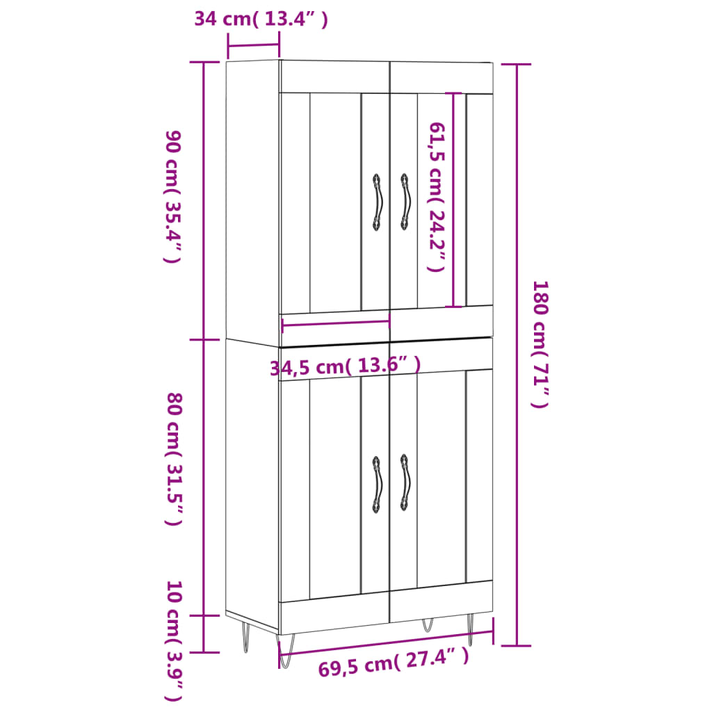 vidaXL Highboard høyglans hvit 69,5x34x180 cm konstruert tre