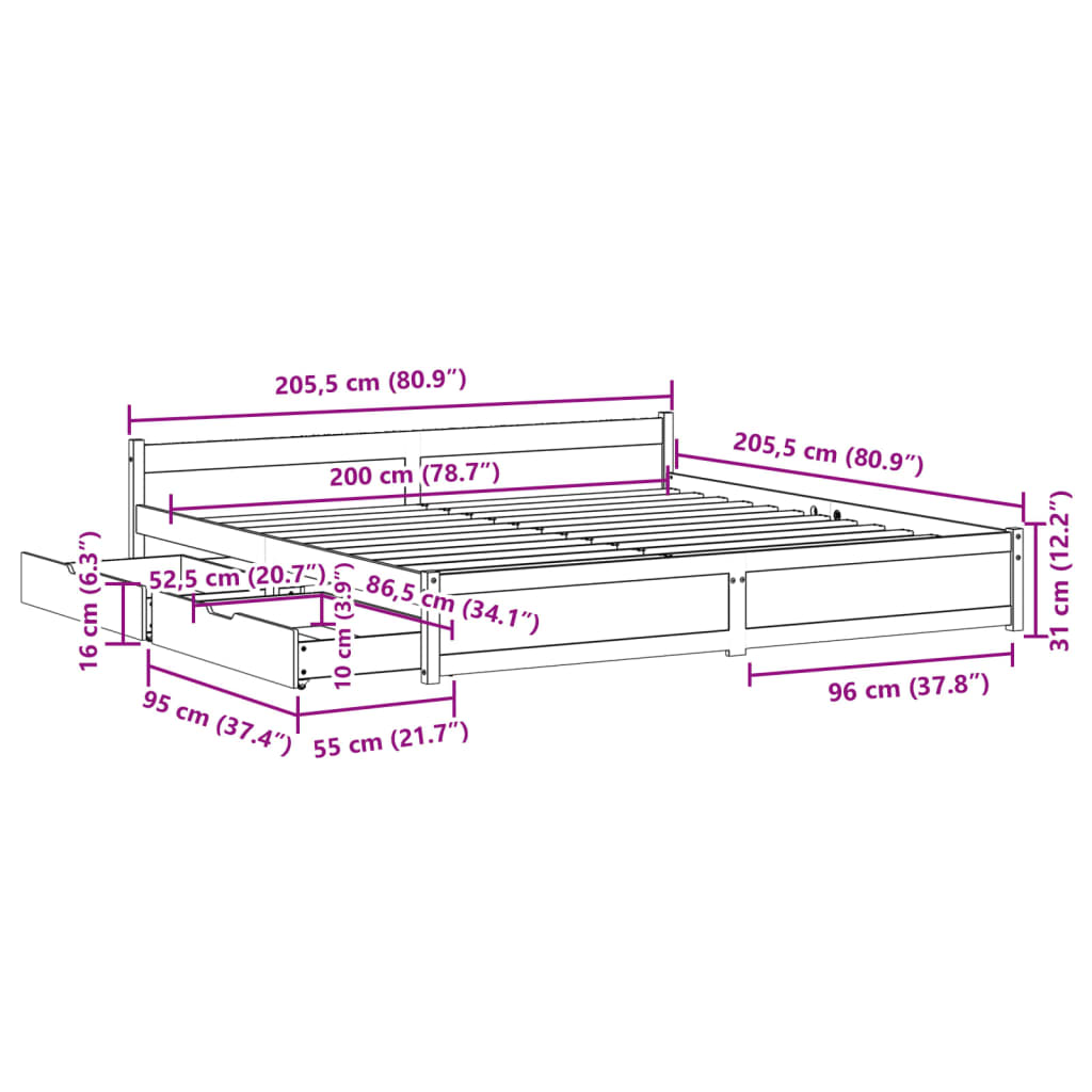 vidaXL Sengeramme med madrass hvit 200x200 cm heltre furu