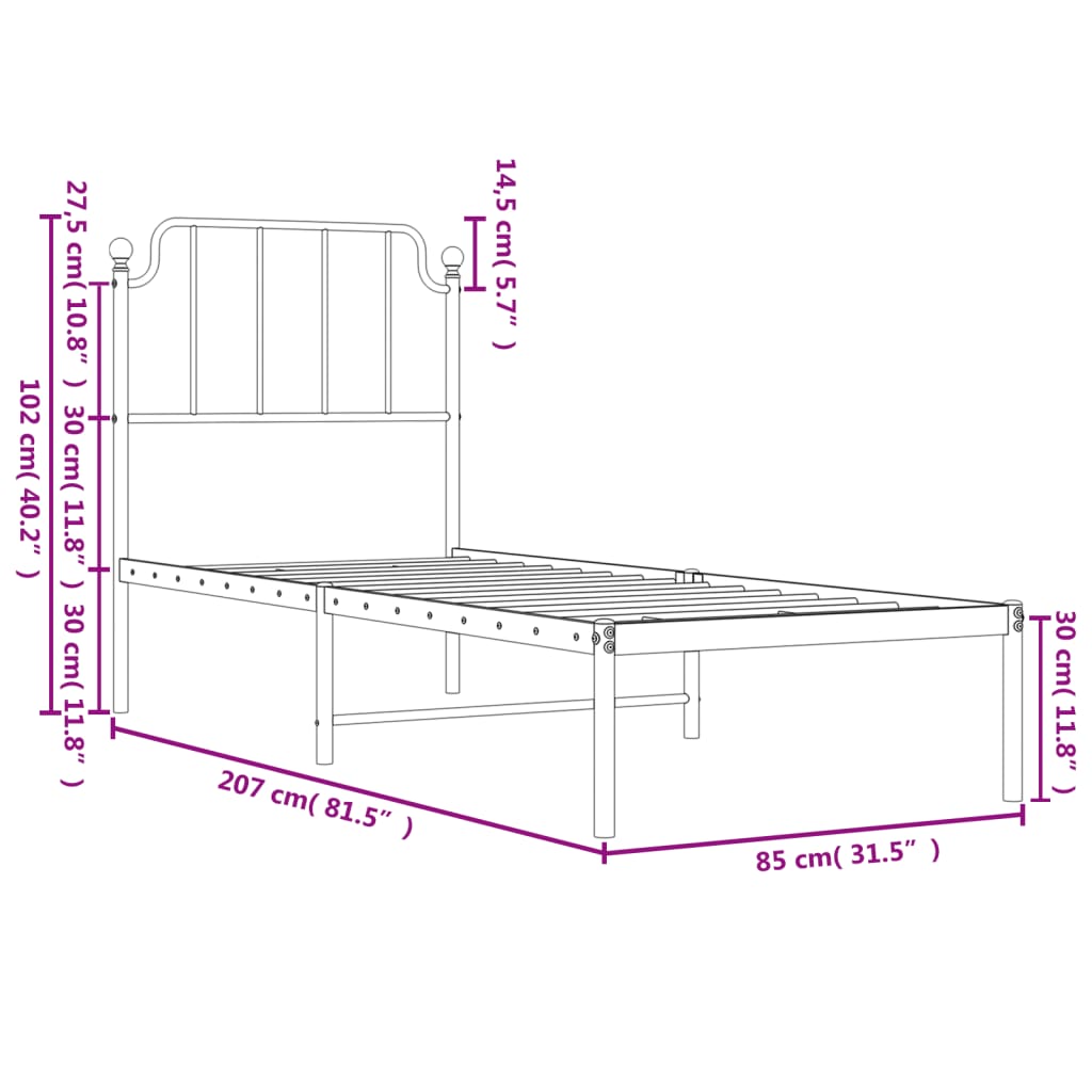 vidaXL Sengeramme i metall med hodegavl hvit 80x200 cm