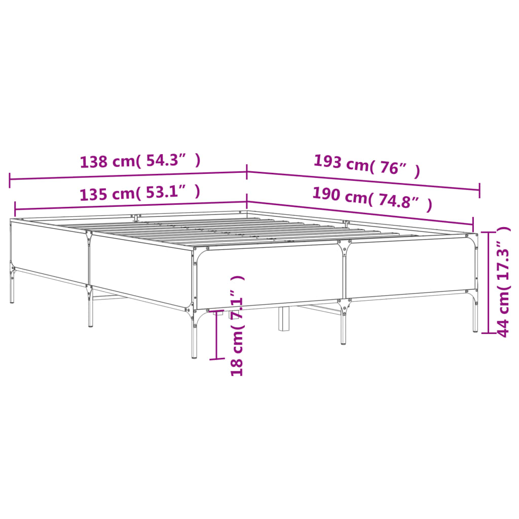 vidaXL Sengeramme røkt eik 135x190 cm konstruert tre og metall